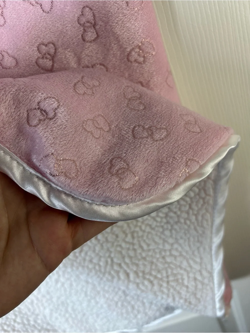 RN 150856 Pink Hearts Baby Blanket White Sherpa Shiny Metallic lovey